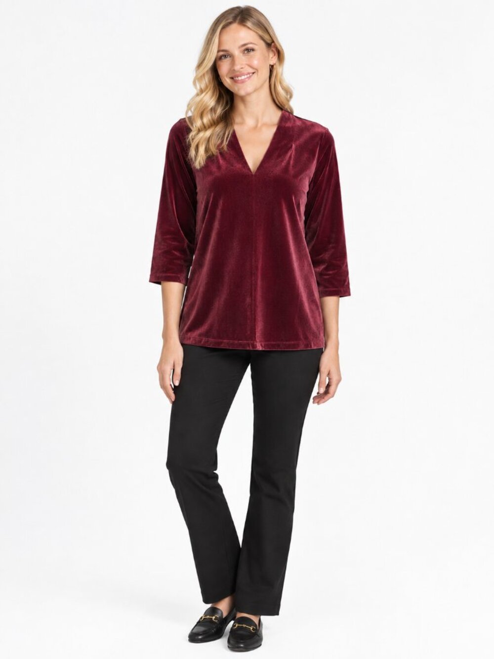 2/$30 Lands' End Velvet V-Neck Top 3/4 Sleeve Rich Burgundy Large #A4398